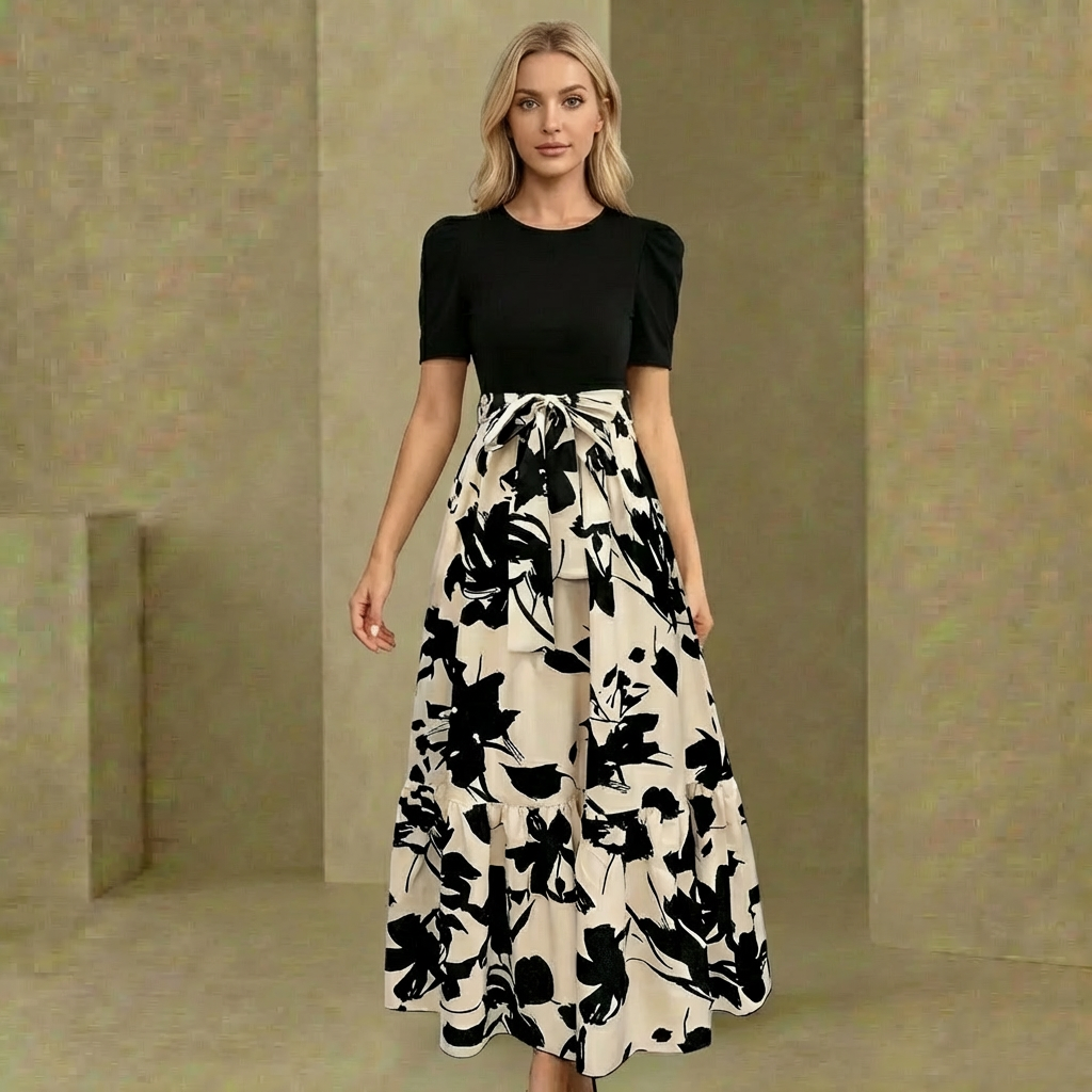 Aurora - Women's Floral Maxi Dress - Short Sleeve Fitted Bodice Flowing Skirt