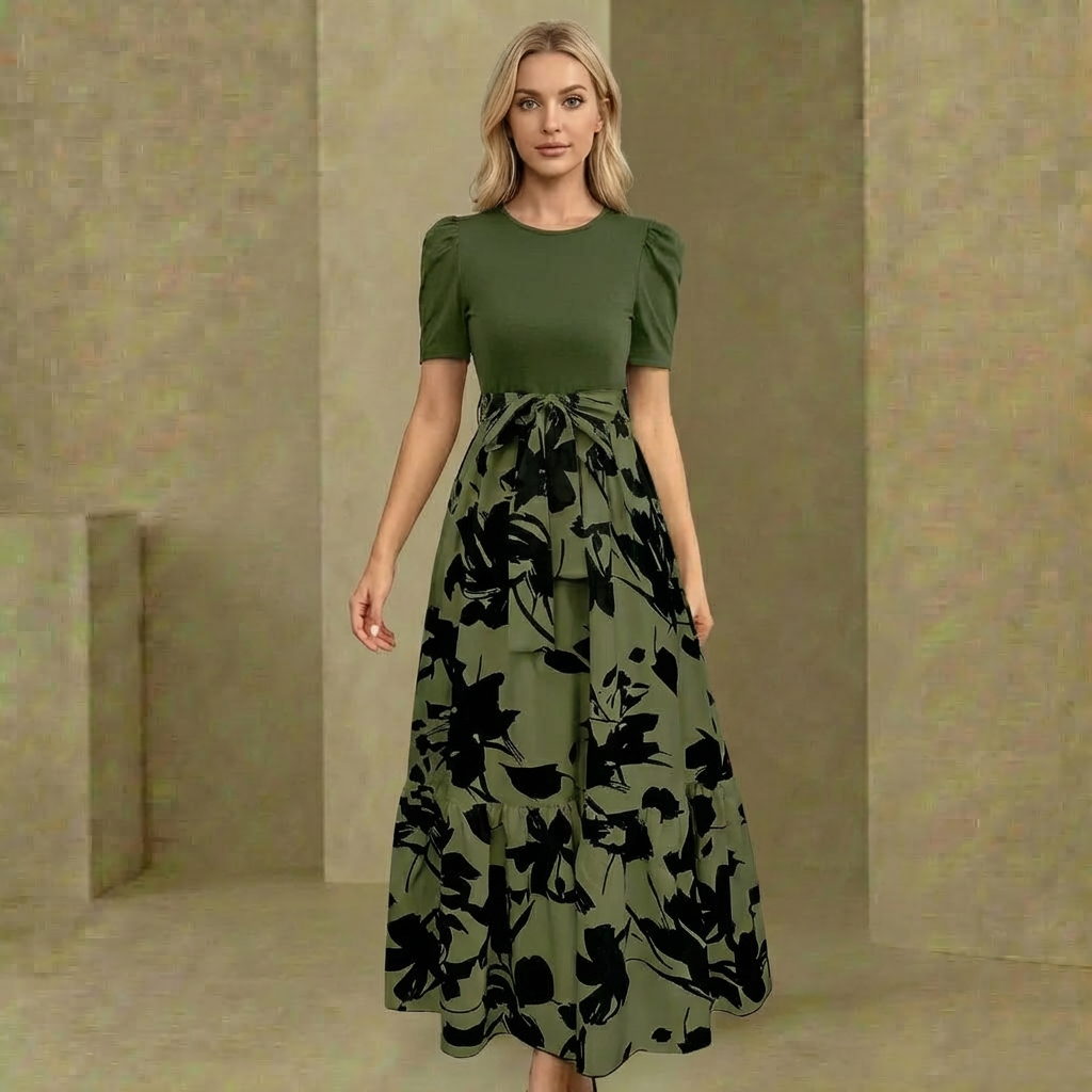 Aurora - Women's Floral Maxi Dress - Short Sleeve Fitted Bodice Flowing Skirt