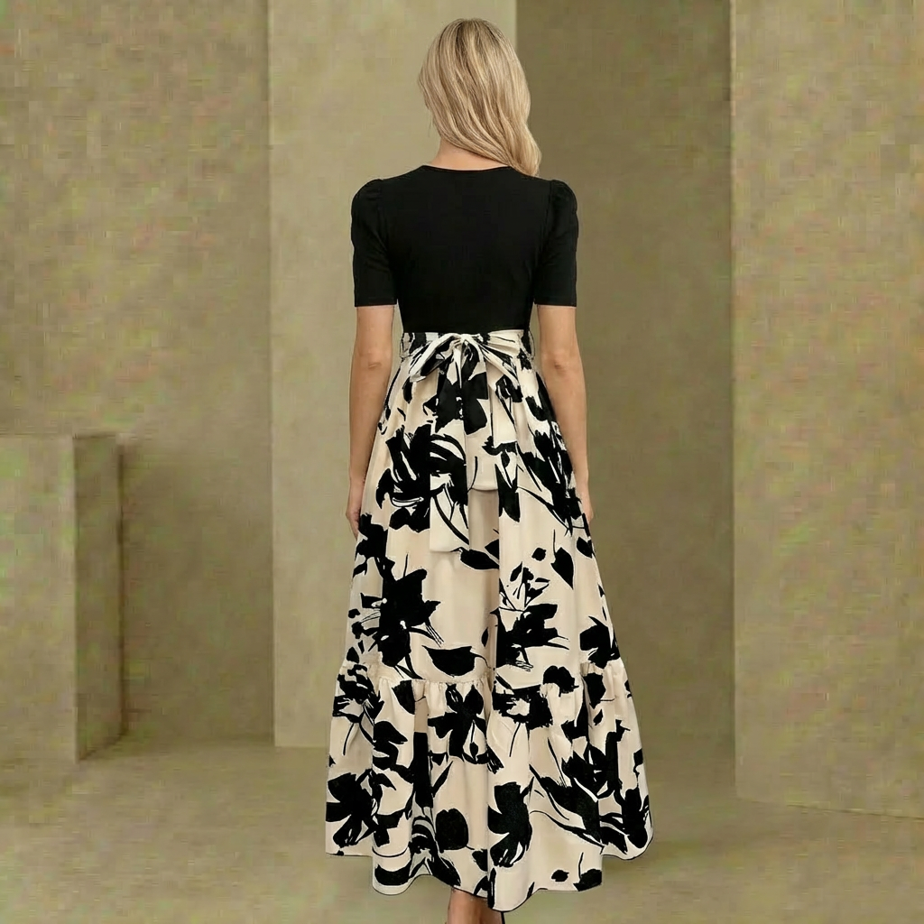 Aurora - Women's Floral Maxi Dress - Short Sleeve Fitted Bodice Flowing Skirt