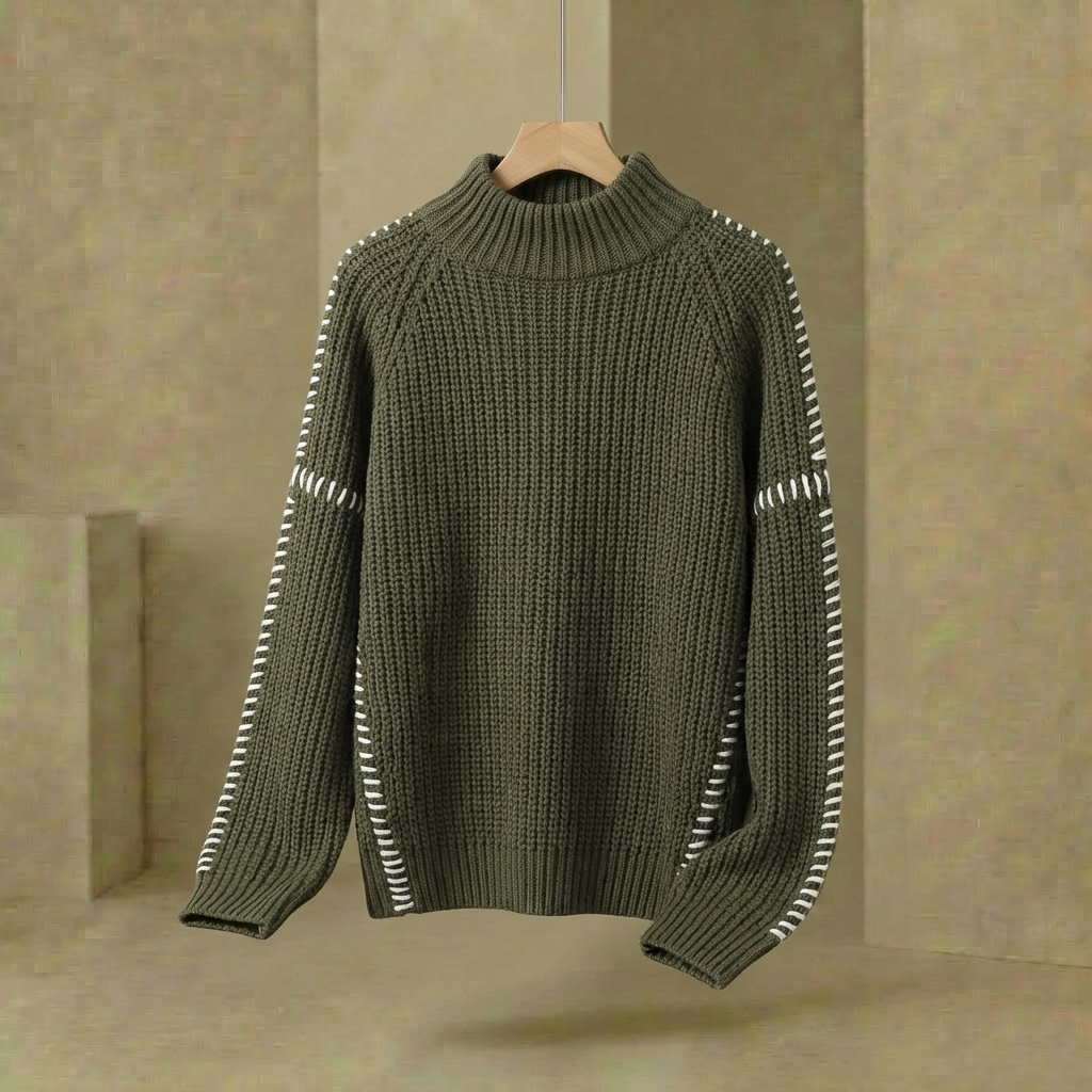 Marlowe - Women's Patchwork Knit Jumper - Oversized Mock Neck Sweater with Flared Sleeves
