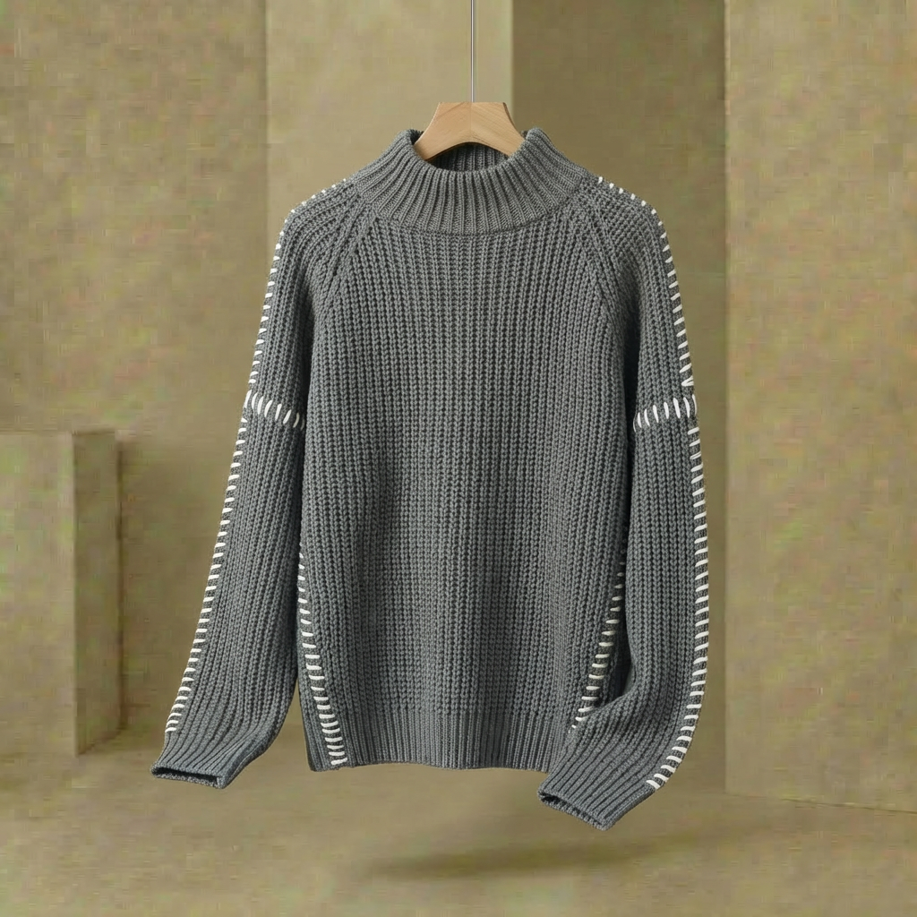 Marlowe - Women's Patchwork Knit Jumper - Oversized Mock Neck Sweater with Flared Sleeves