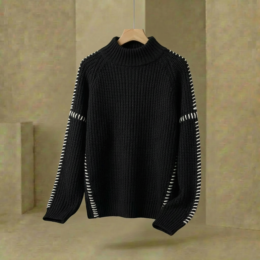 Marlowe - Women's Patchwork Knit Jumper - Oversized Mock Neck Sweater with Flared Sleeves