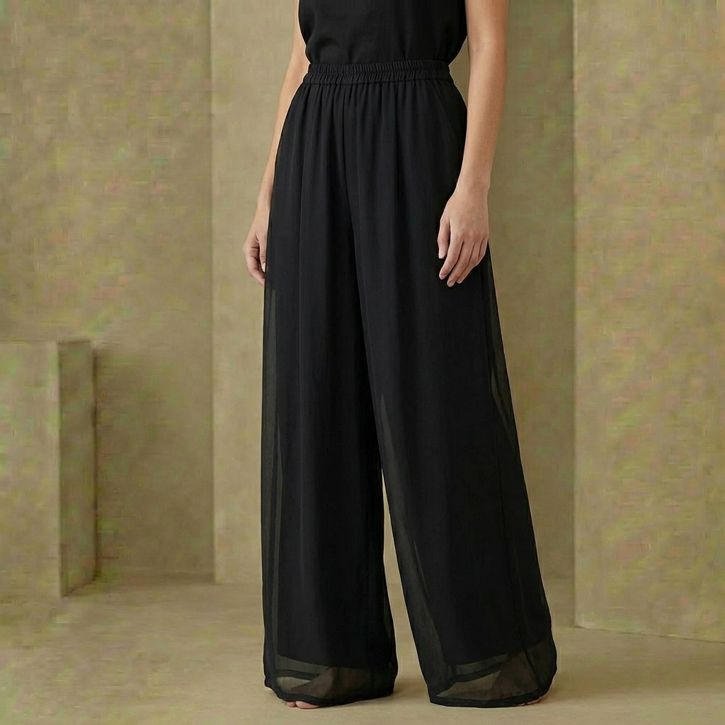 Lyra - Double-Layered Mesh Chiffon Pants - Flowy Wide-Leg Sheer Overlay Trousers