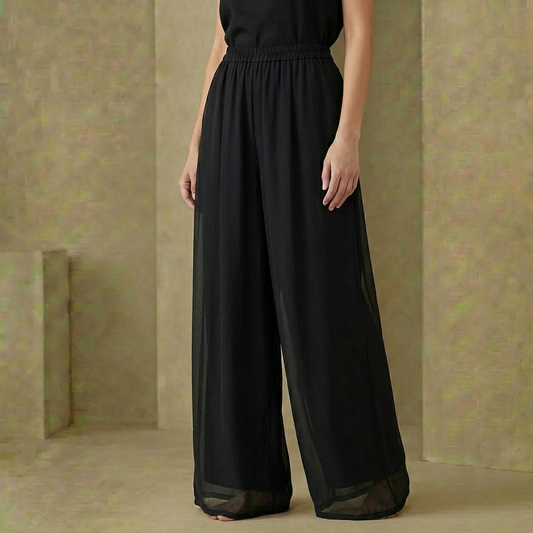 Lyra - Double-Layered Mesh Chiffon Pants - Flowy Wide-Leg Sheer Overlay Trousers