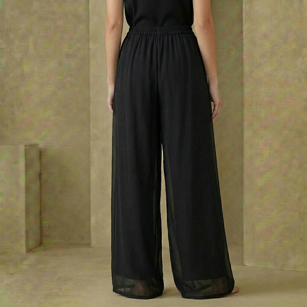 Lyra - Double-Layered Mesh Chiffon Pants - Flowy Wide-Leg Sheer Overlay Trousers