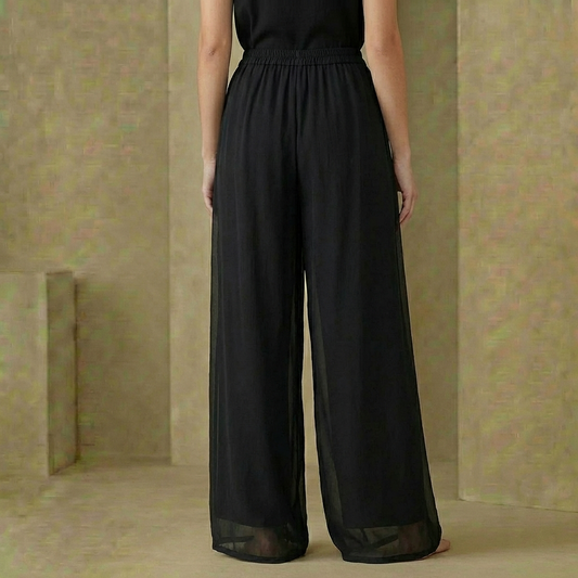 Lyra - Double-Layered Mesh Chiffon Pants - Flowy Wide-Leg Sheer Overlay Trousers