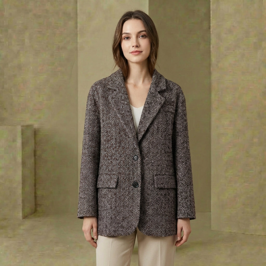 Alden - Women's Relaxed Geometric Blazer - Modern Wool-Blend Notched Lapel Jacket