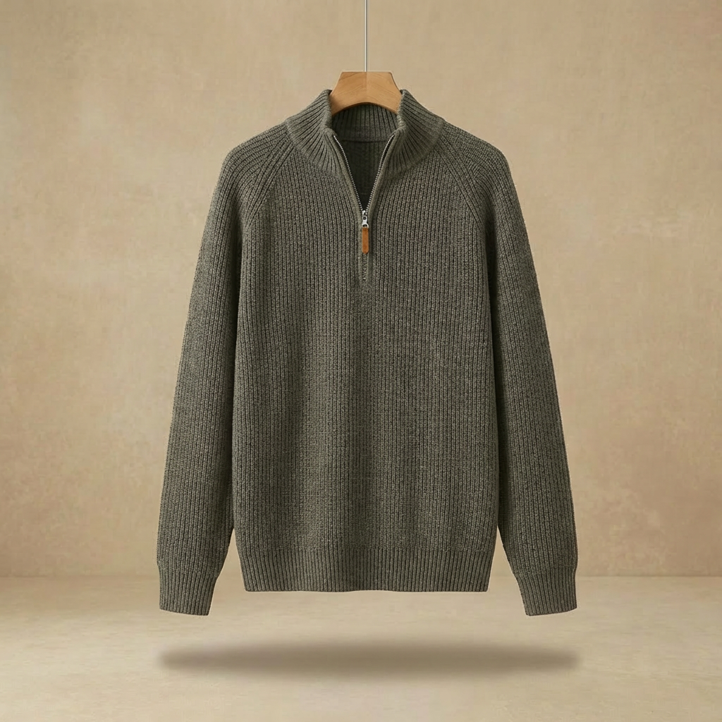 Brooks - Men's Ribbed Half-Zip Sweater - Mock Neck Casual Comfort Pullover