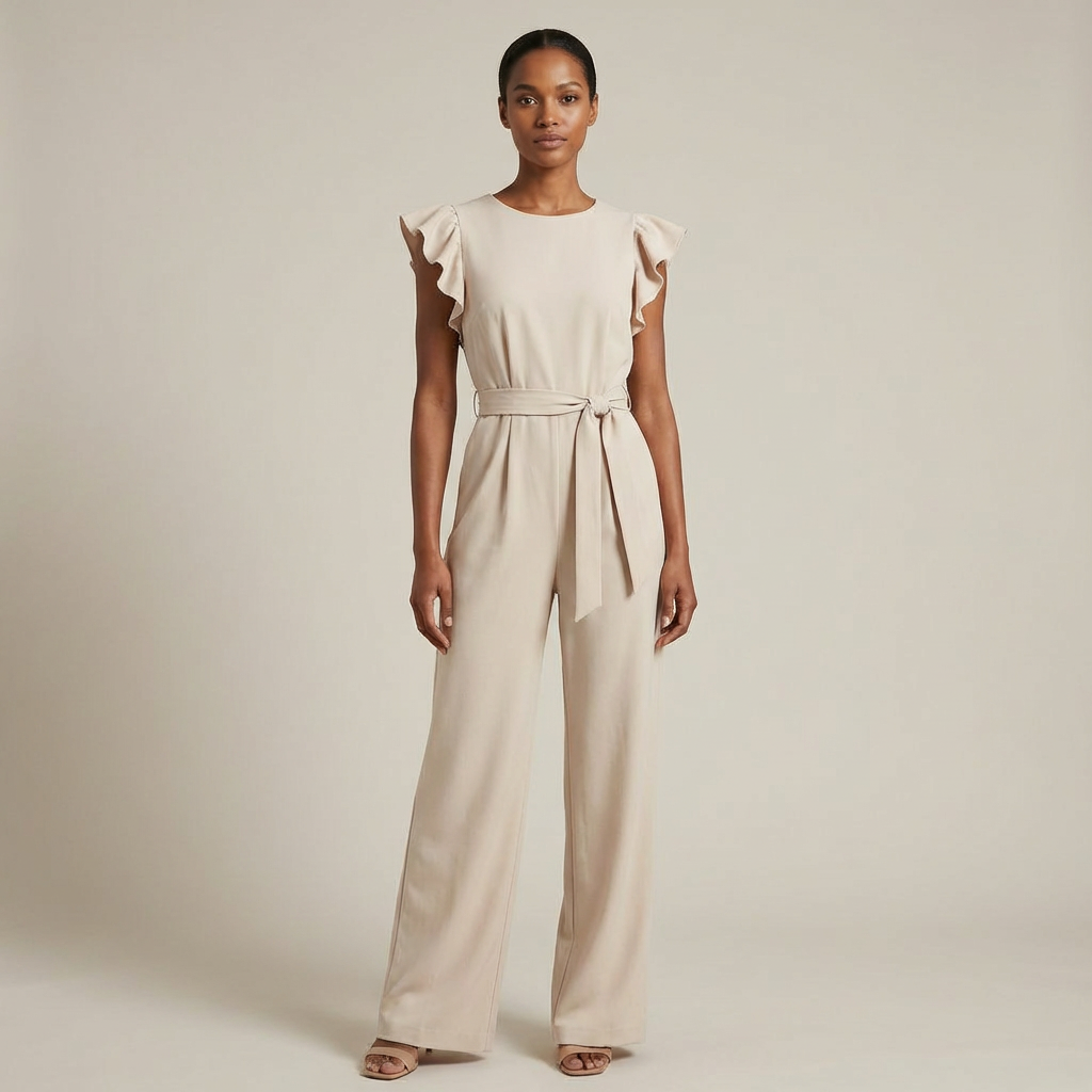 Sophia - Elegant Ruffle Sleeve Jumpsuit - Belted Wide-Leg Evening Romper