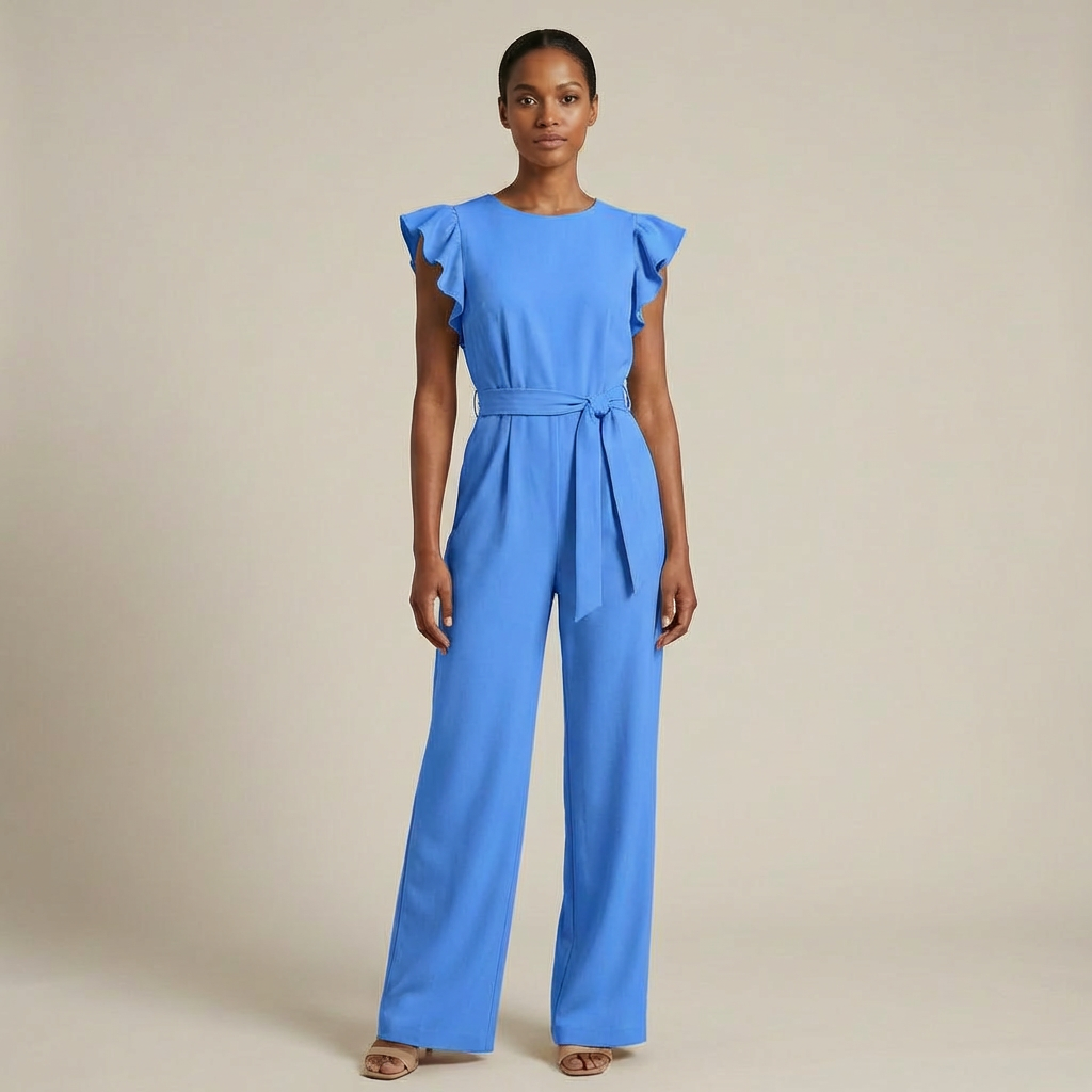 Sophia - Elegant Ruffle Sleeve Jumpsuit - Belted Wide-Leg Evening Romper