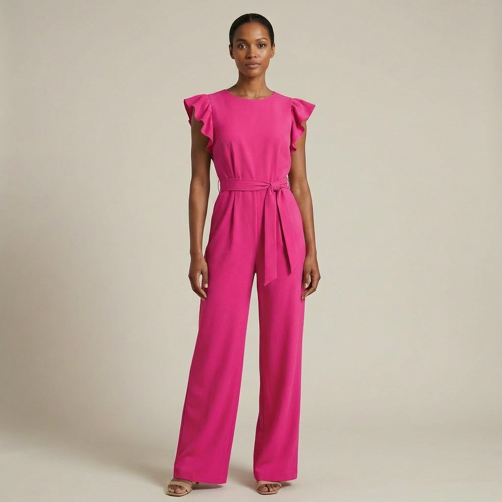 Sophia - Elegant Ruffle Sleeve Jumpsuit - Belted Wide-Leg Evening Romper
