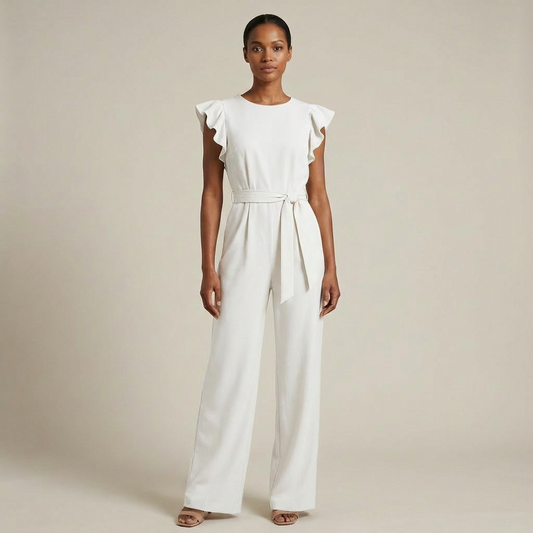 Sophia - Elegant Ruffle Sleeve Jumpsuit - Belted Wide-Leg Evening Romper
