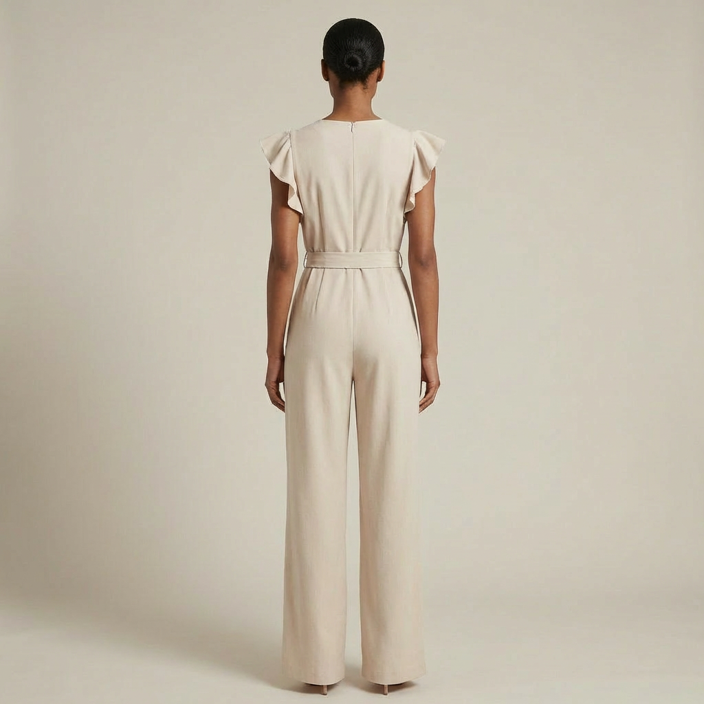 Sophia - Elegant Ruffle Sleeve Jumpsuit - Belted Wide-Leg Evening Romper