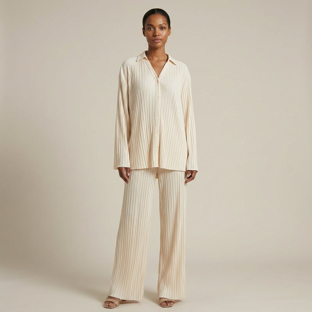 Chloe - Pleated Two-Piece Set - Relaxed Shirt & Wide-Leg Pants Lounge Ensemble