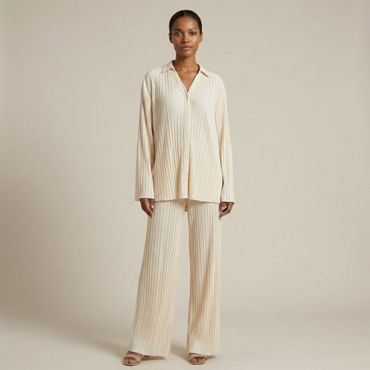 Chloe - Pleated Two-Piece Set - Relaxed Shirt & Wide-Leg Pants Lounge Ensemble