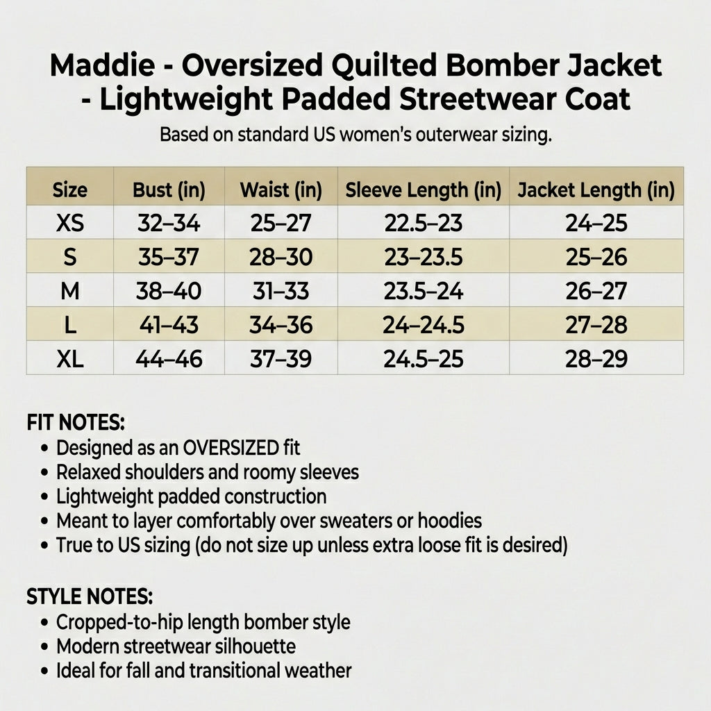 Maddie - Oversized Quilted Bomber Jacket - Lightweight Padded Streetwear Coat