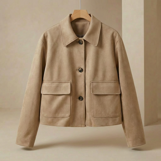 Ava - Women's Faux Suede Jacket - Retro Cropped Fall Layering Coat with Pockets