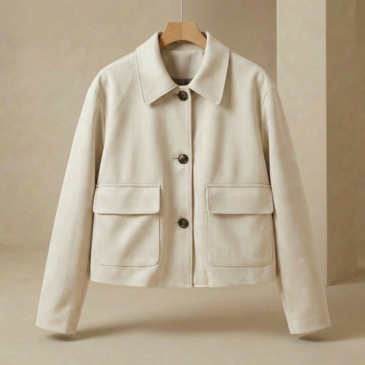 Ava - Women's Faux Suede Jacket - Retro Cropped Fall Layering Coat with Pockets
