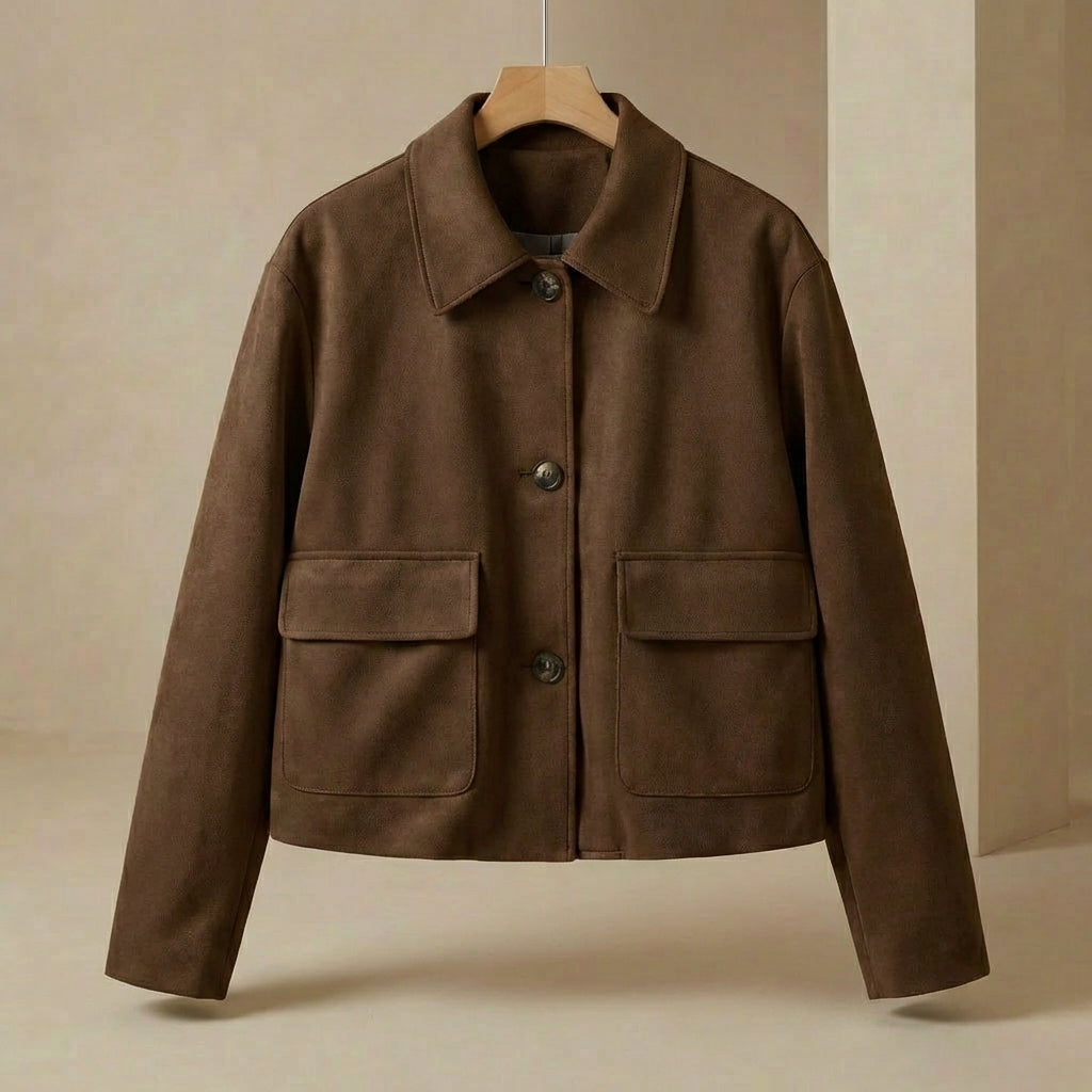 Ava - Women's Faux Suede Jacket - Retro Cropped Fall Layering Coat with Pockets