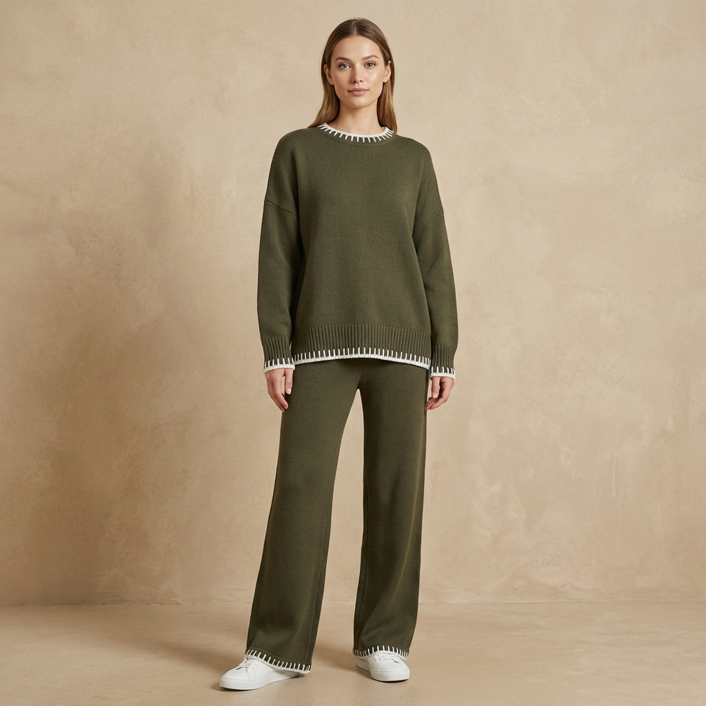 Clara - Contrast Trim Knit Two-Piece Set - Relaxed Sweater & Wide-Leg Lounge Set