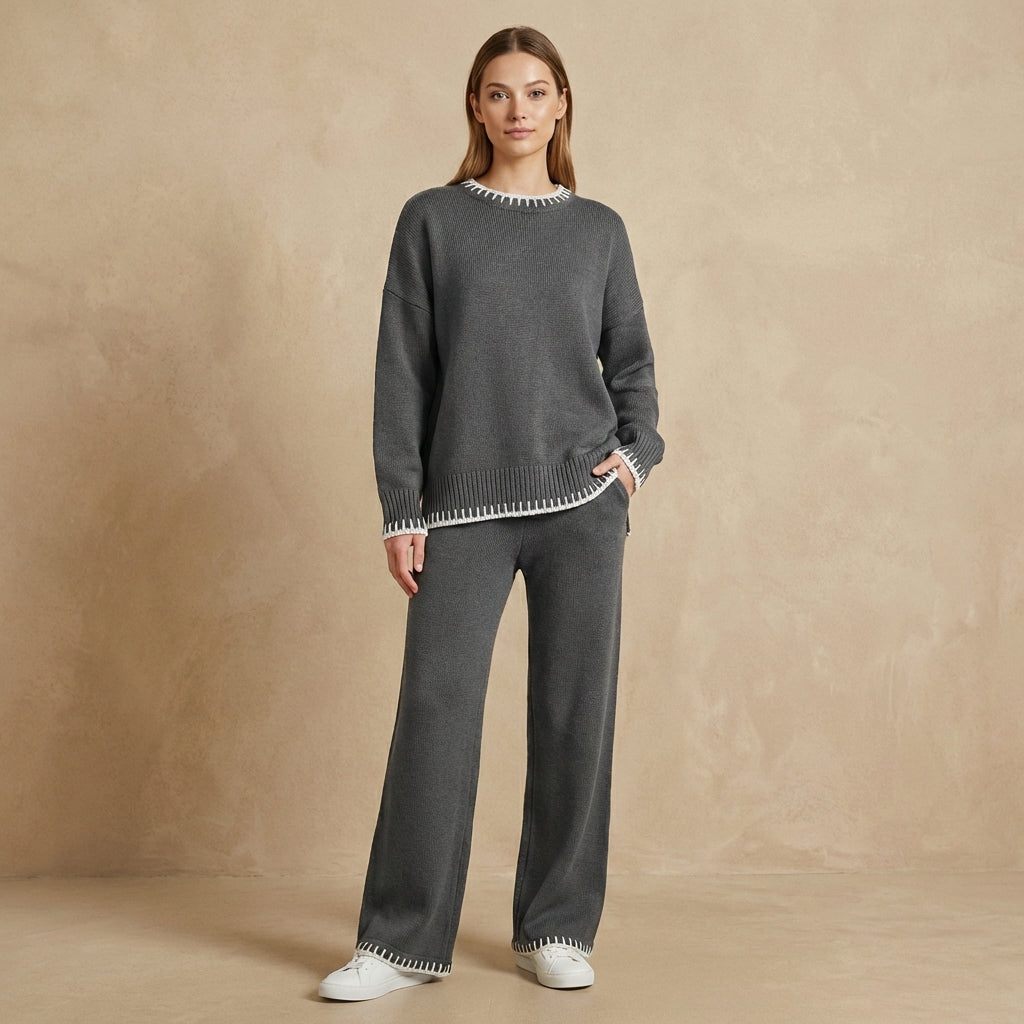 Clara - Contrast Trim Knit Two-Piece Set - Relaxed Sweater & Wide-Leg Lounge Set
