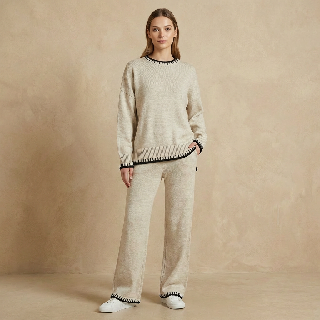 Clara - Contrast Trim Knit Two-Piece Set - Relaxed Sweater & Wide-Leg Lounge Set