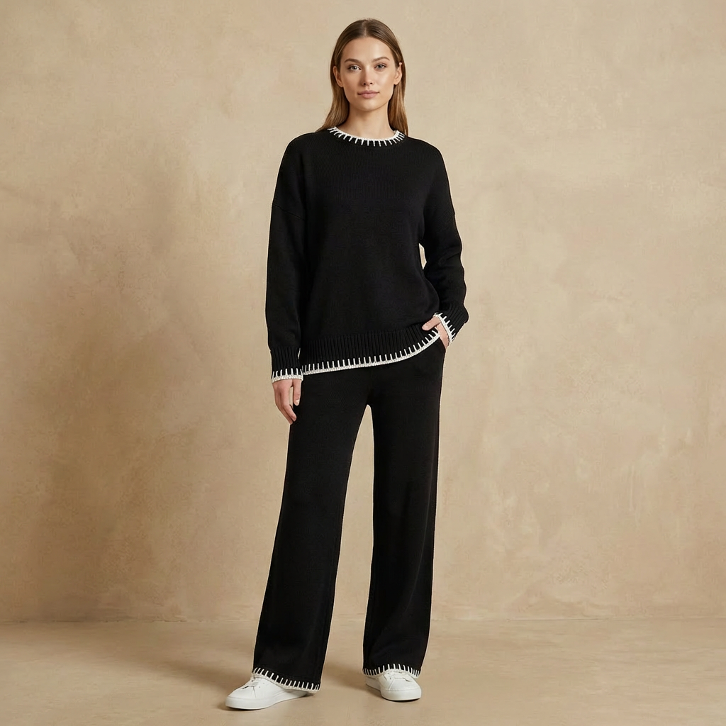 Clara - Contrast Trim Knit Two-Piece Set - Relaxed Sweater & Wide-Leg Lounge Set