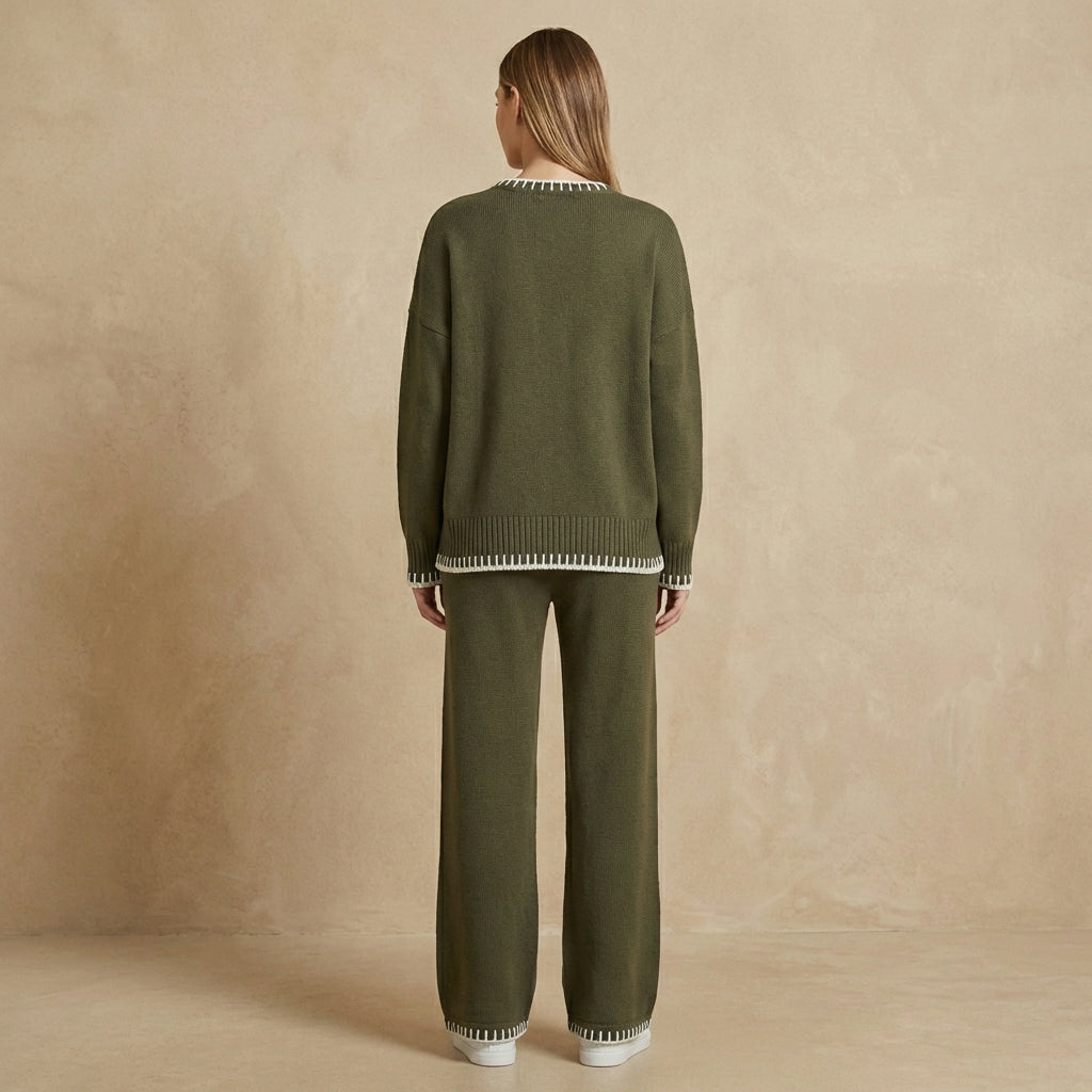 Clara - Contrast Trim Knit Two-Piece Set - Relaxed Sweater & Wide-Leg Lounge Set