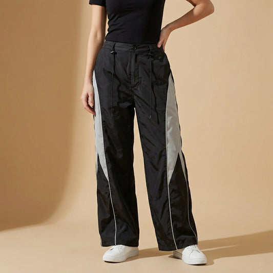 Riley - Women's Parachute Trousers - Black & Grey Colourblock Wide-Leg Streetwear Pants