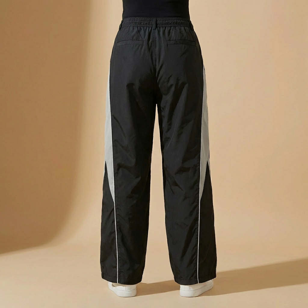 Riley - Women's Parachute Trousers - Black & Grey Colourblock Wide-Leg Streetwear Pants