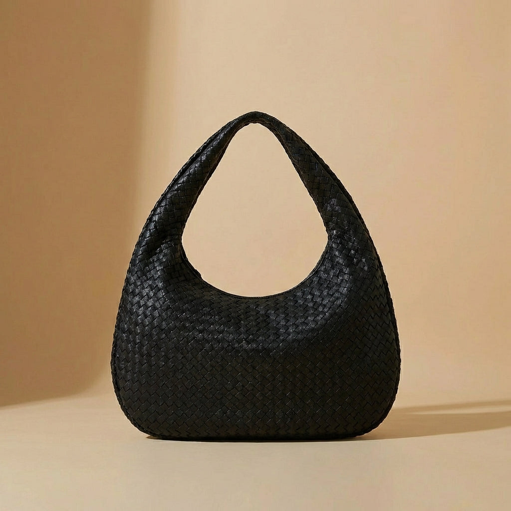 Luna - Black Woven Everyday Shoulder Bag - Oversized Vegan Leather Tote for 16" Laptops