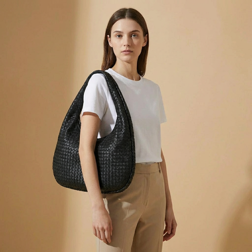Luna - Black Woven Everyday Shoulder Bag - Oversized Vegan Leather Tote for 16" Laptops