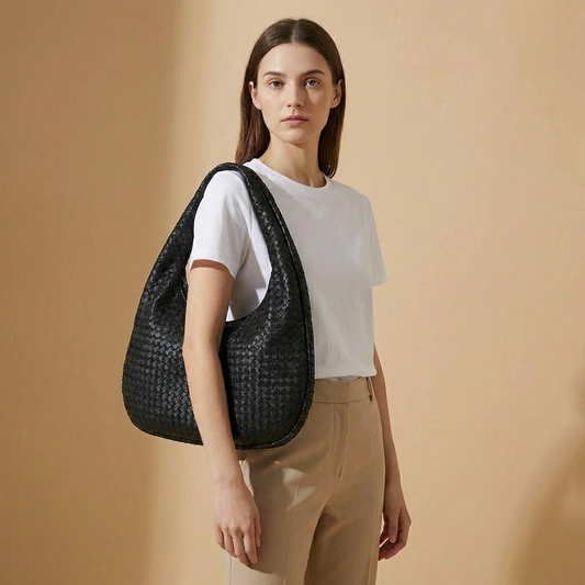 Luna - Black Woven Everyday Shoulder Bag - Oversized Vegan Leather Tote for 16" Laptops