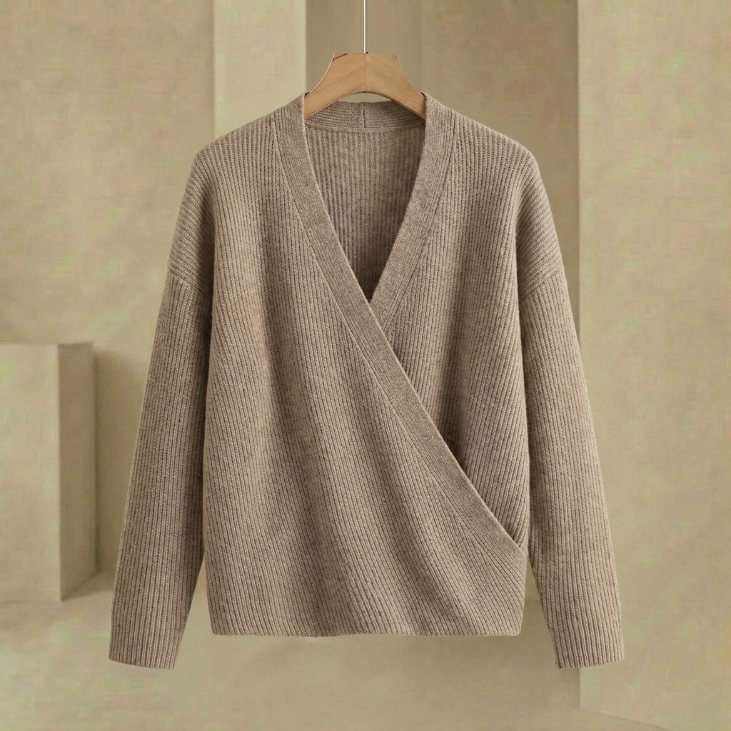 Emma - Women's Ribbed Wrap Sweater - Relaxed Fit V-Neck Hip-Length Pullover