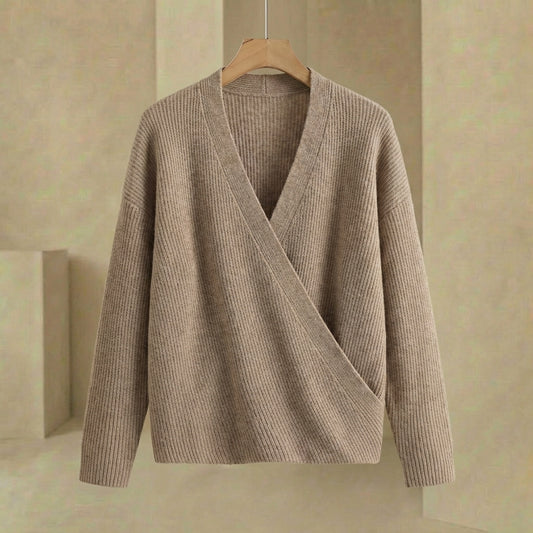 Emma - Women's Ribbed Wrap Sweater - Relaxed Fit V-Neck Hip-Length Pullover