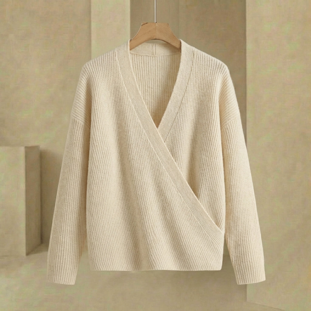 Emma - Women's Ribbed Wrap Sweater - Relaxed Fit V-Neck Hip-Length Pullover