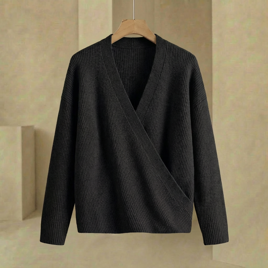 Emma - Women's Ribbed Wrap Sweater - Relaxed Fit V-Neck Hip-Length Pullover