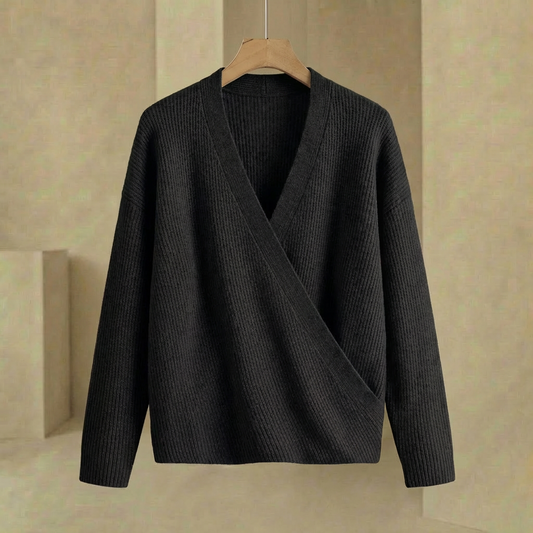 Emma - Women's Ribbed Wrap Sweater - Relaxed Fit V-Neck Hip-Length Pullover