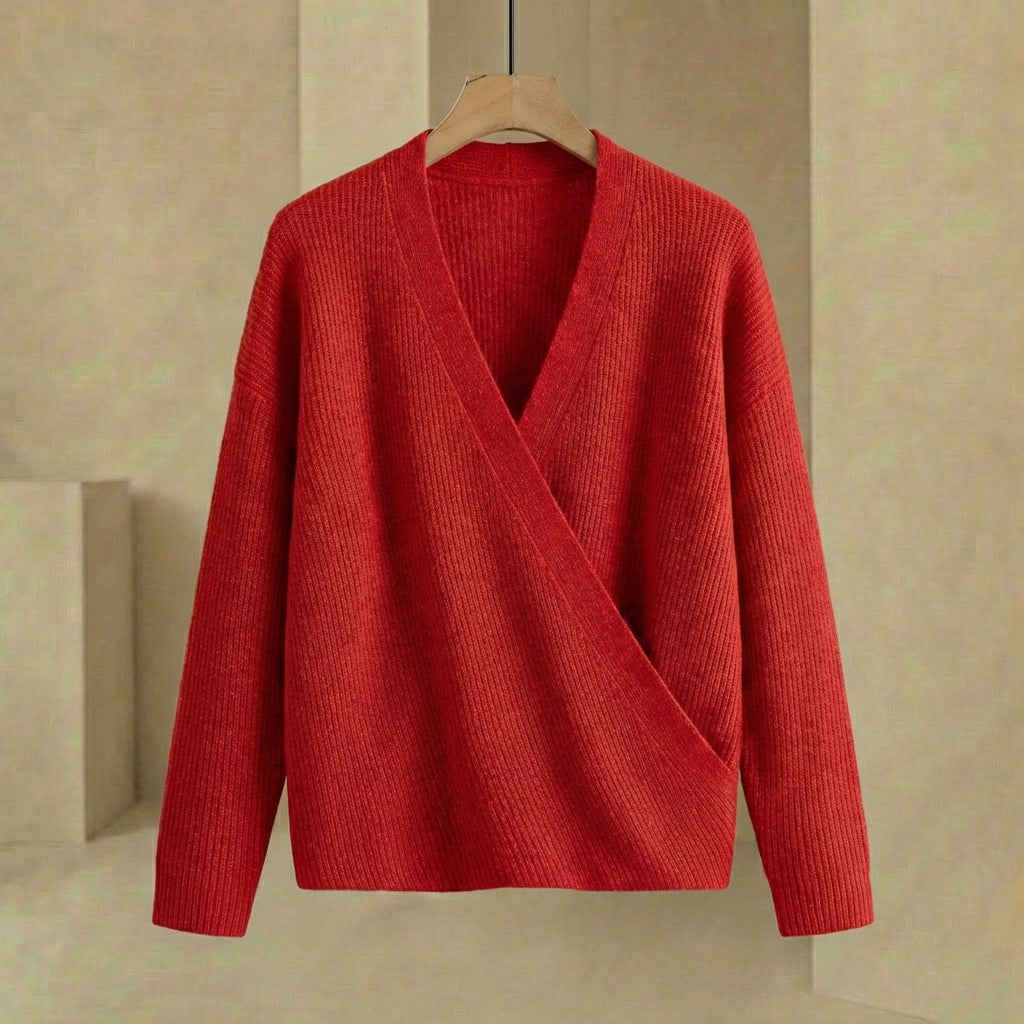 Emma - Women's Ribbed Wrap Sweater - Relaxed Fit V-Neck Hip-Length Pullover