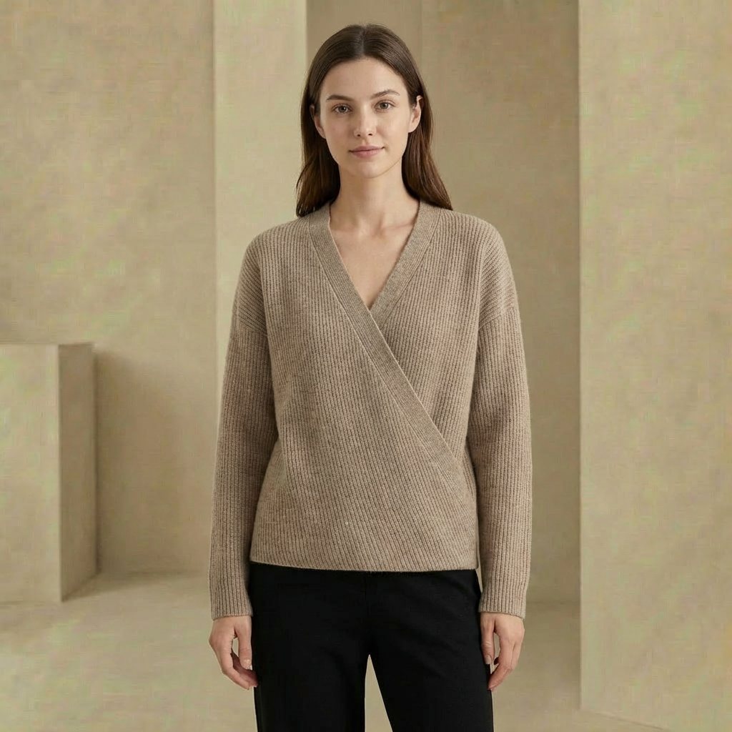 Emma - Women's Ribbed Wrap Sweater - Relaxed Fit V-Neck Hip-Length Pullover