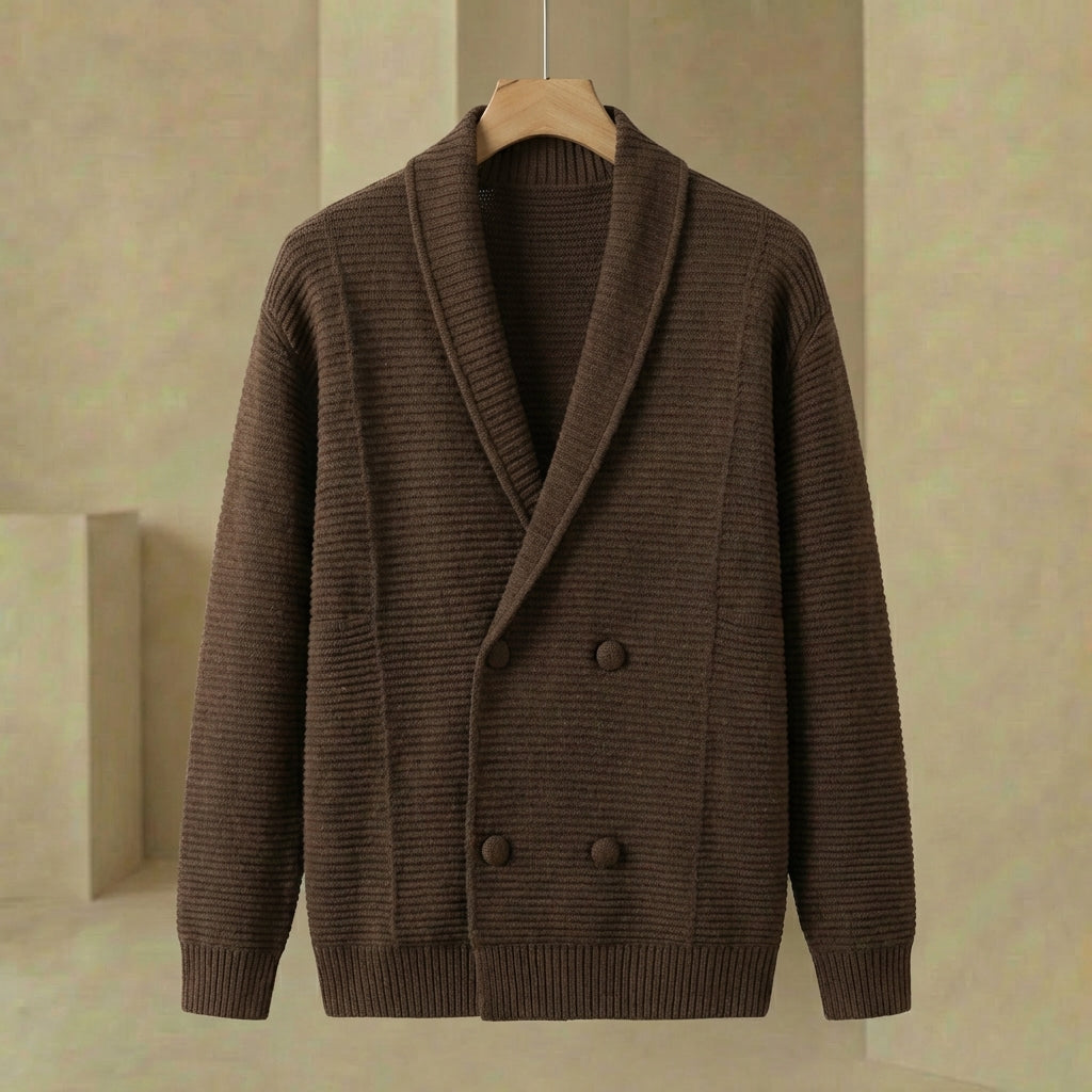 Luke - Men's Double-Breasted Cardigan - Ribbed Shawl Collar Knit Sweater Coat