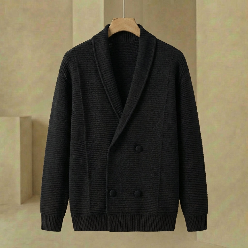 Luke - Men's Double-Breasted Cardigan - Ribbed Shawl Collar Knit Sweater Coat