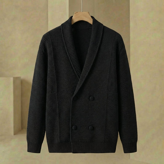 Luke - Men's Double-Breasted Cardigan - Ribbed Shawl Collar Knit Sweater Coat