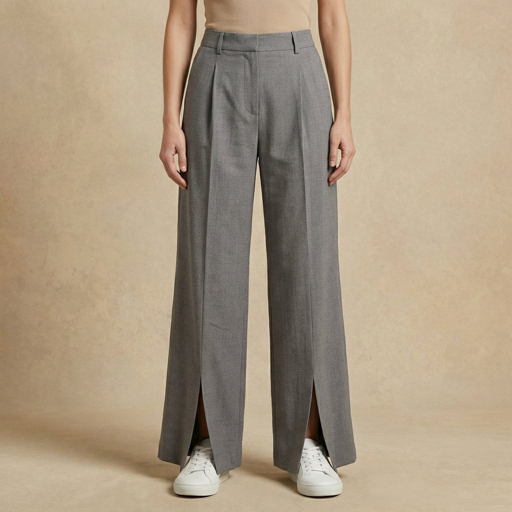Sofia - Women's High-Waisted Split-Front Pants - Wide-Leg Pleated Trousers
