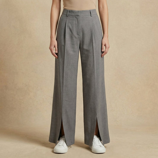 Sofia - Women's High-Waisted Split-Front Pants - Wide-Leg Pleated Trousers