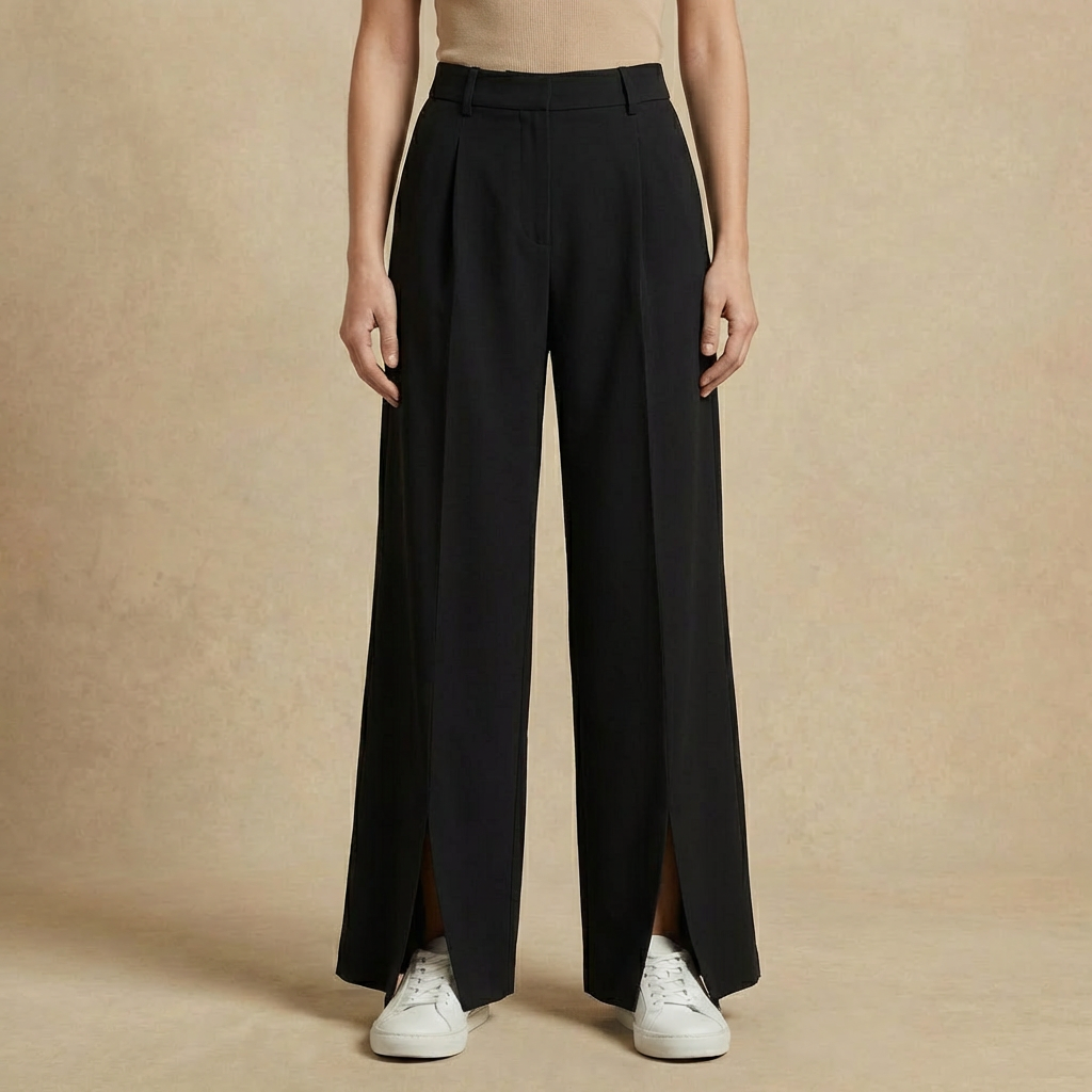 Sofia - Women's High-Waisted Split-Front Pants - Wide-Leg Pleated Trousers