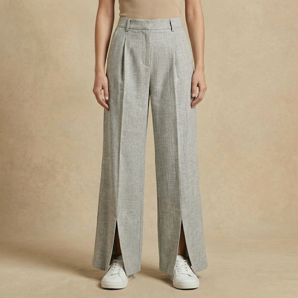 Sofia - Women's High-Waisted Split-Front Pants - Wide-Leg Pleated Trousers