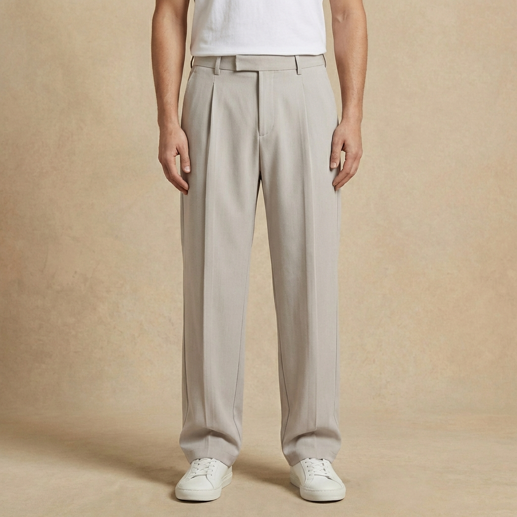Ethan - Men's Straight Cut Pleated Pants - Relaxed Fit Elastic Waist Knit Trousers