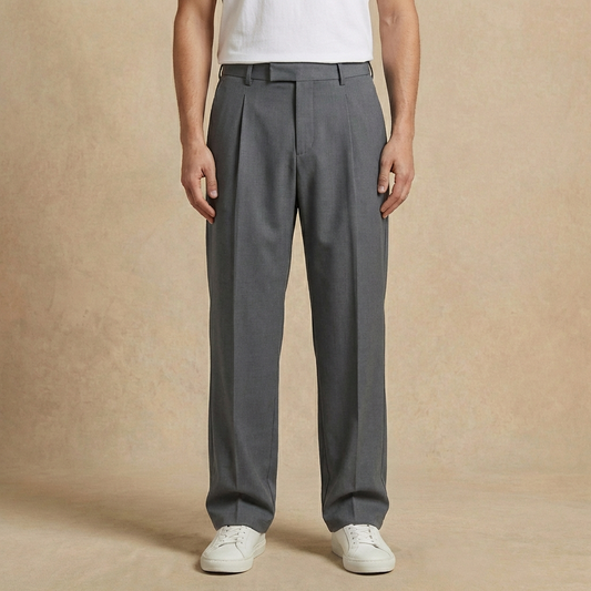 Ethan - Men's Straight Cut Pleated Pants - Relaxed Fit Elastic Waist Knit Trousers