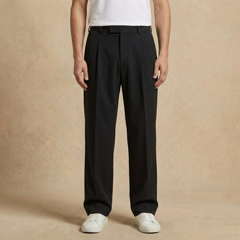 Ethan - Men's Straight Cut Pleated Pants - Relaxed Fit Elastic Waist Knit Trousers